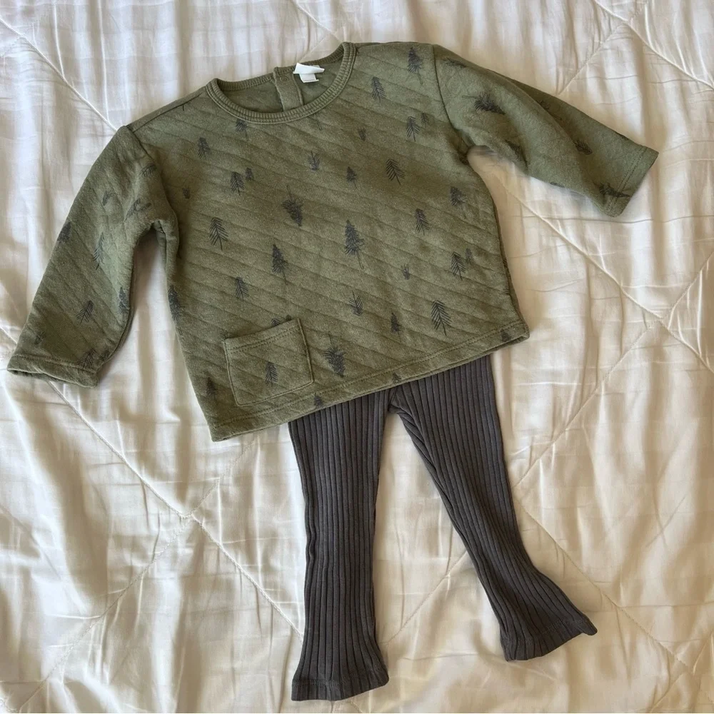 Grayson Collective Quilted Green Forest Print Pullover & Leggings Set Size 12 Mo